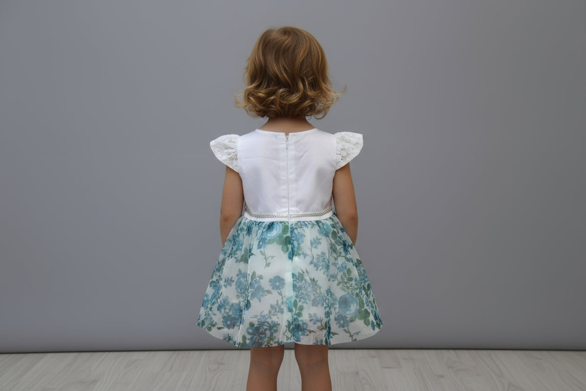 ​White & Blue Floral Lace Party Frock for Girls