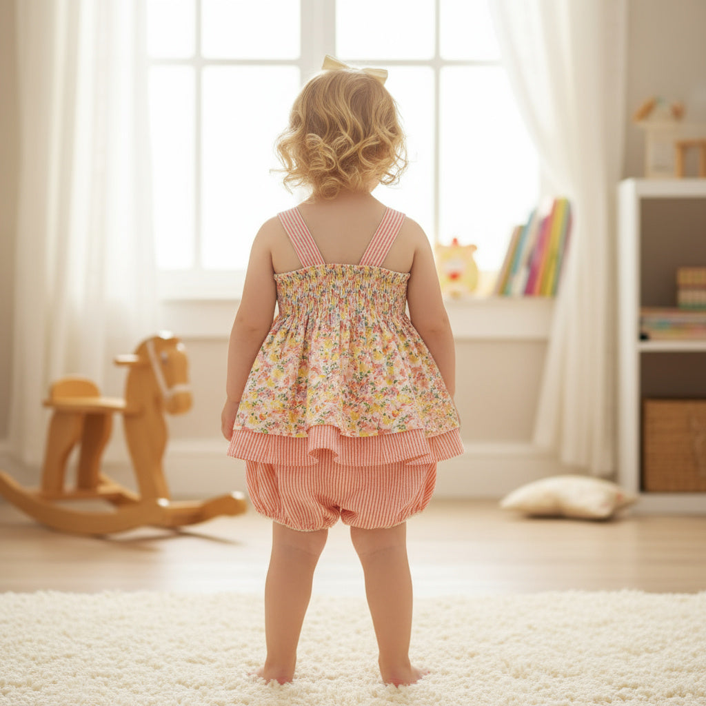 Floral Printed Cotton Top with Striped Bloomer Set for Baby Girls
