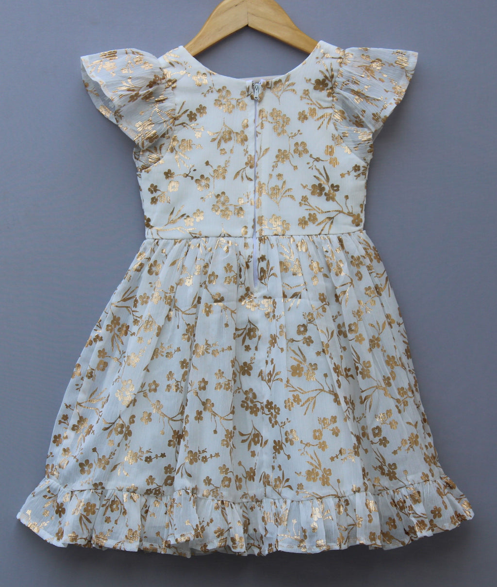 ​White and Golden Floral Print Party Frock