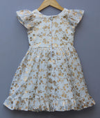 ​White and Golden Floral Print Party Frock