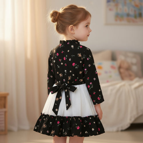 Black Floral & White Layered Party Frock for Girls