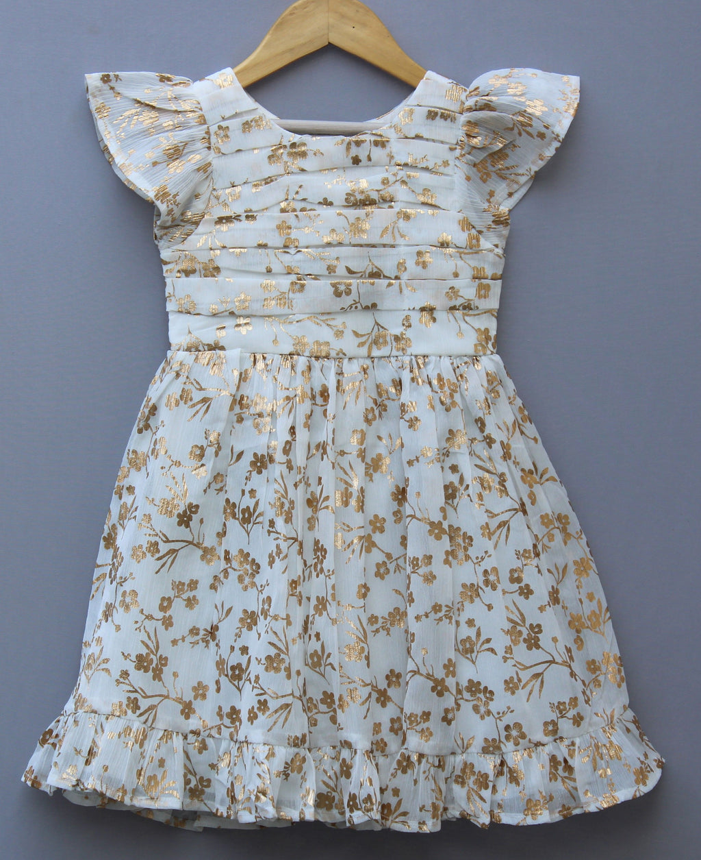 ​White and Golden Floral Print Party Frock