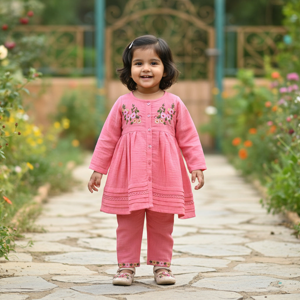 Peach Floral Embroidered Cotton Kurti & Pant Set for Girls