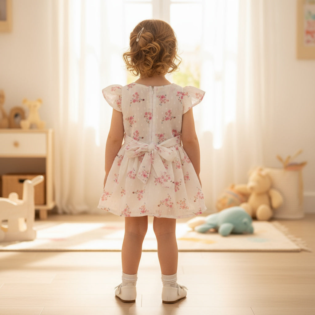 Baby Girls White Floral with Ruffle Hem & Button Detailing