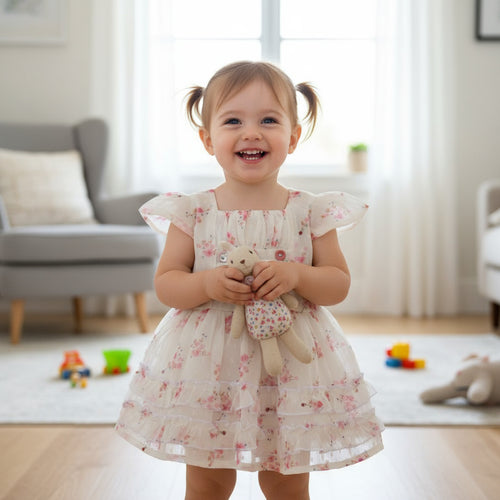 Baby Girls White Floral with Ruffle Hem & Button Detailing