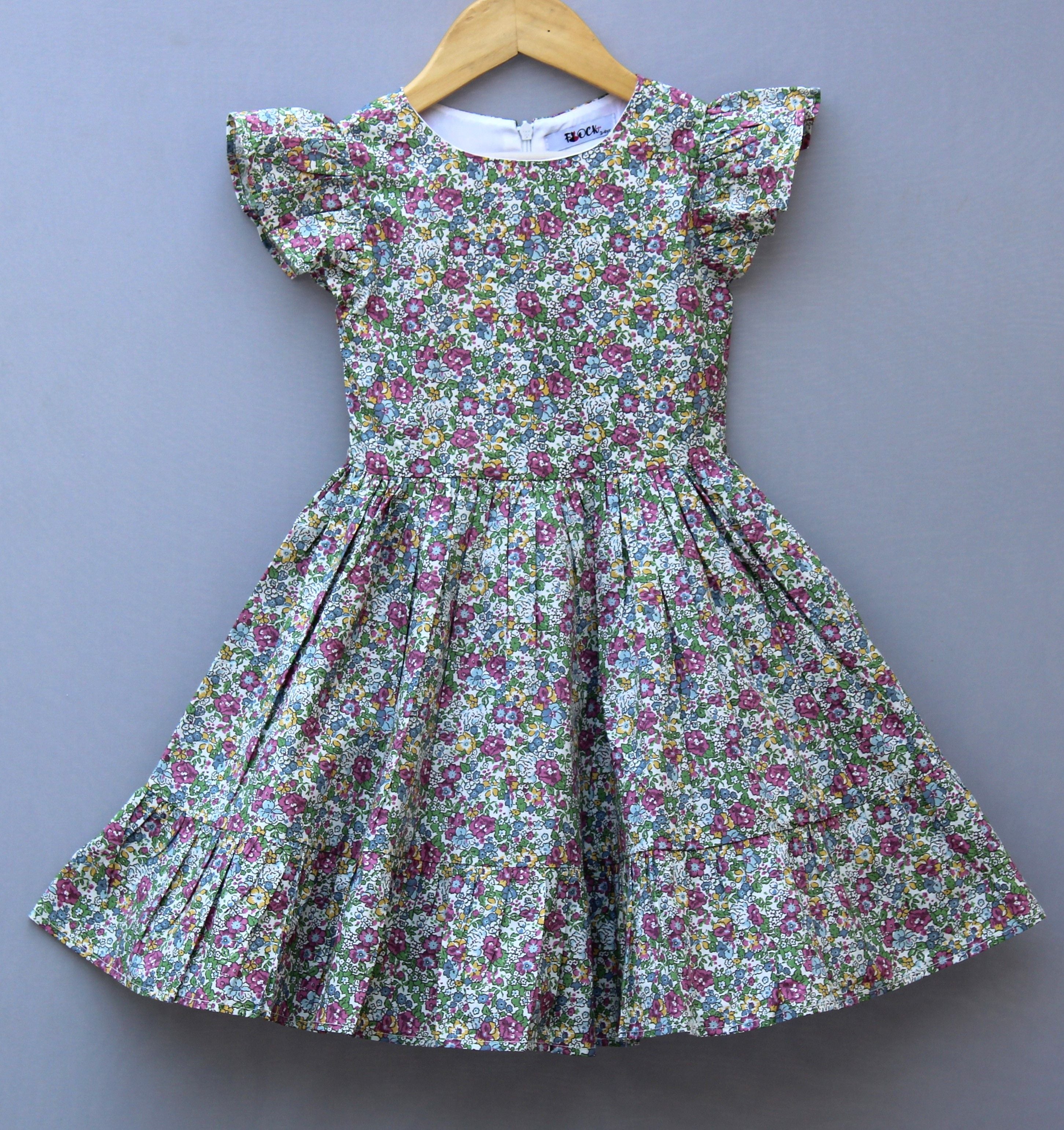 Floral Print Cotton Dress with Ruffled Sleeves