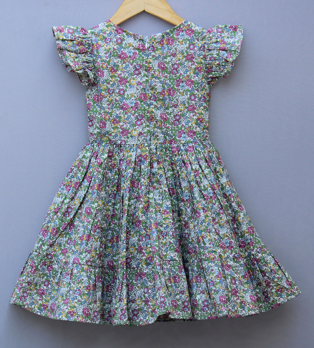Floral Print Cotton Dress with Ruffled Sleeves