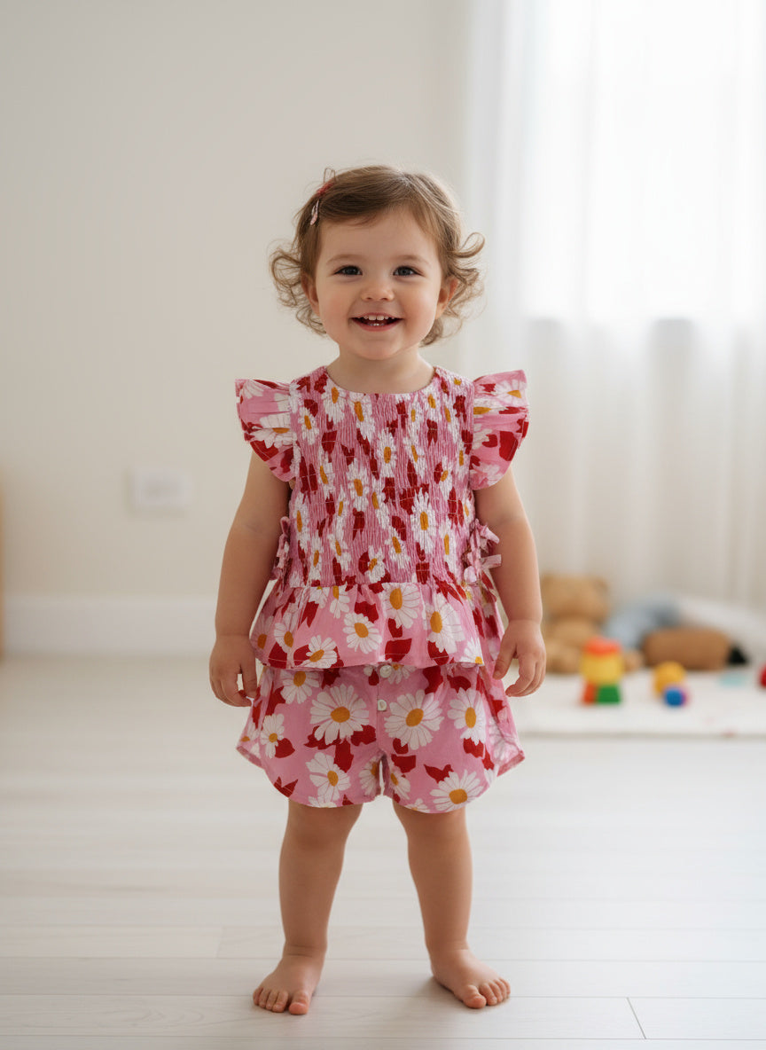 Pink Daisy Printed Cotton Co-ord Set