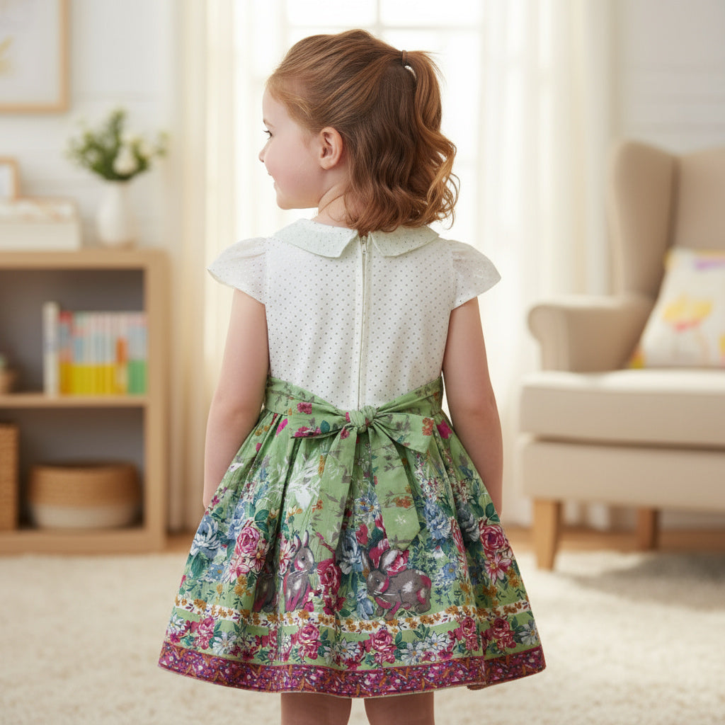 Green Floral Printed Party Dress for Baby Girl