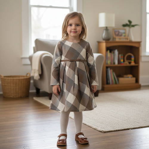 Brown & Beige Checked Winter Dress