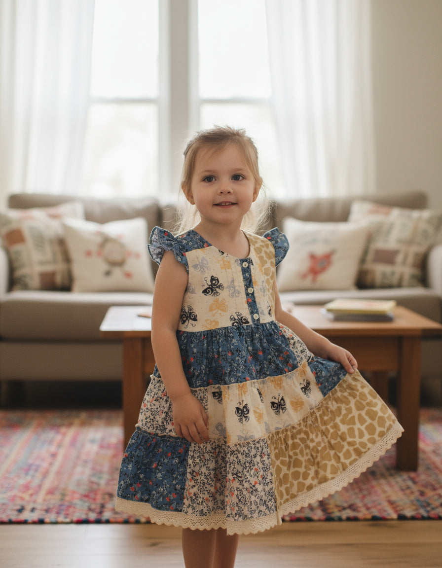 Multi-Print Cotton Frock – Butterfly & Floral Patchwork Design