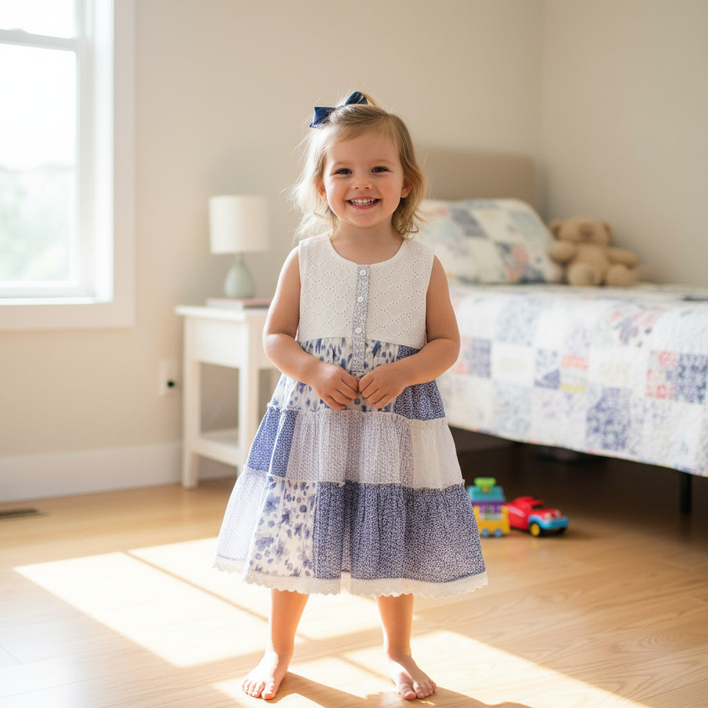 Blue & White Floral Patchwork Cotton Frock