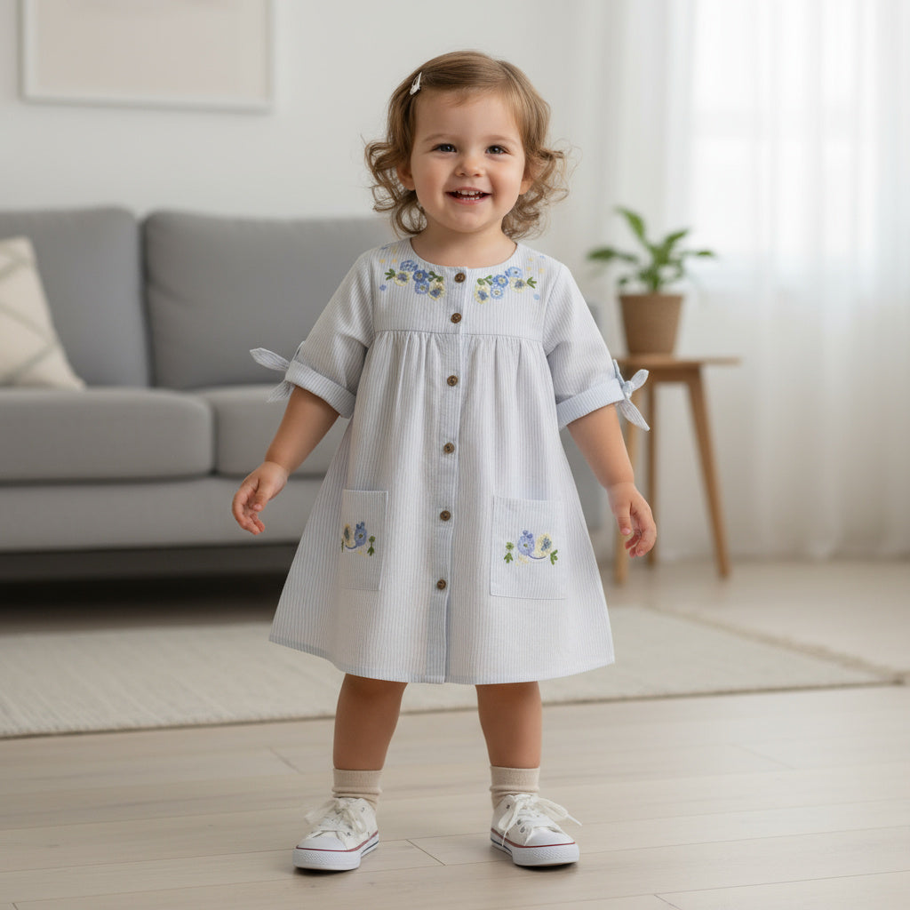 Light Blue Striped Cotton Dress – Embroidered Button-Down Frock