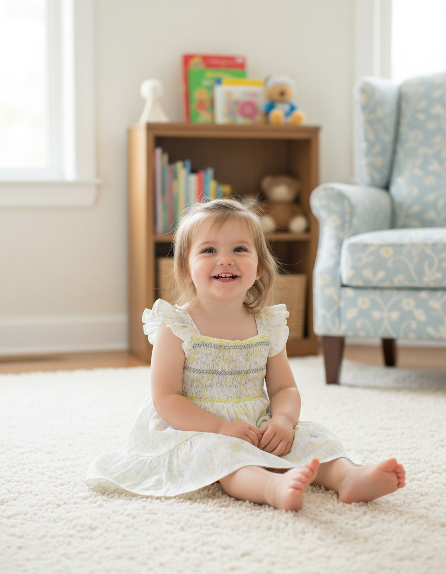 Girls Yellow Floral Cotton Smocked Dress