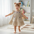 Beige Floral Embroidered Cotton Dress
