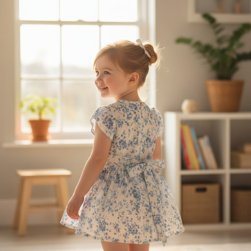 Blue Floral Printed Cotton Frock with Lace Detailing
