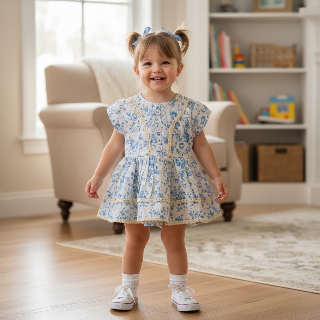 Baby Girls’ Blue Floral Cotton Frock with Lace Detailing