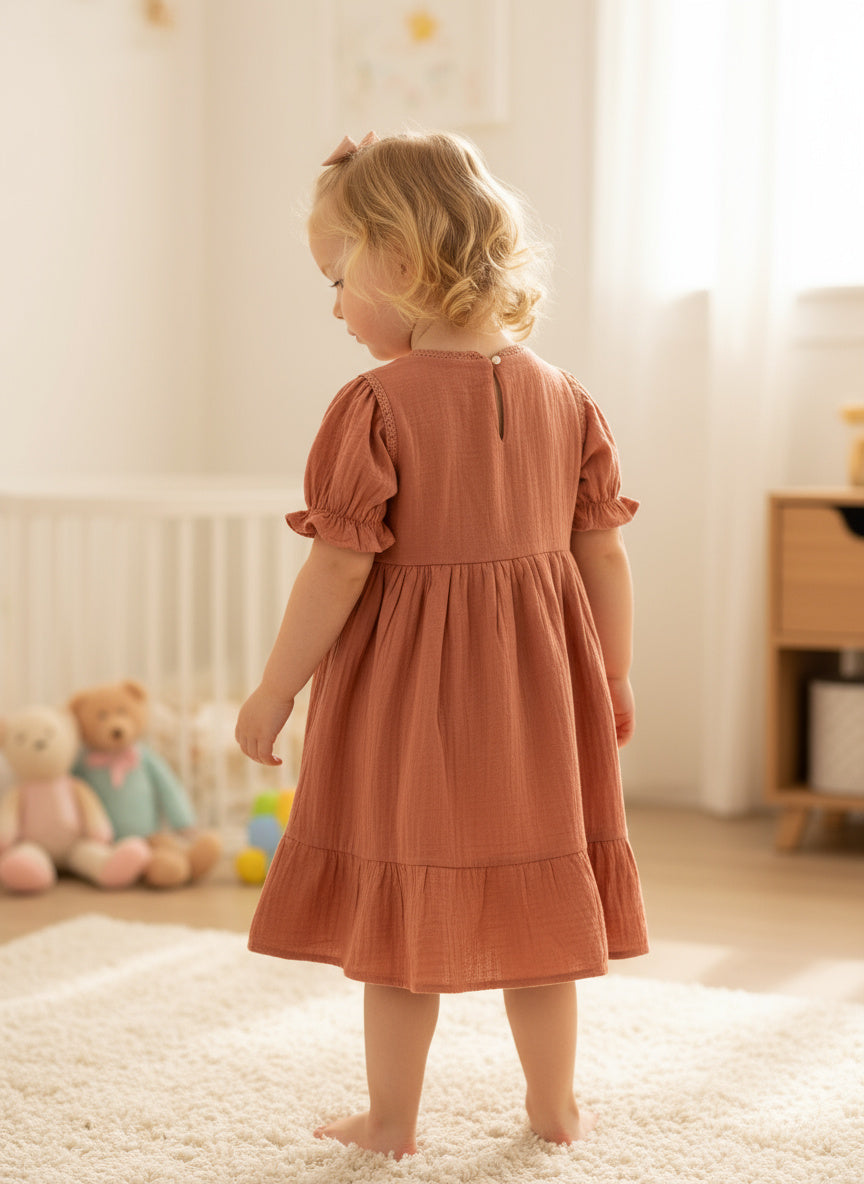 Adorable terracotta-colored girls’ frock