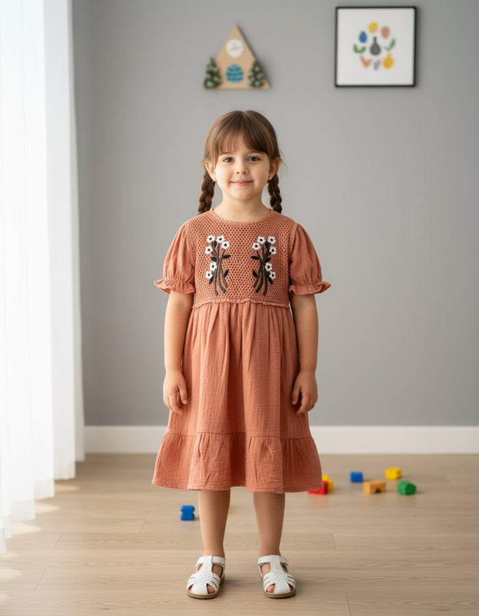 Terracotta Embroidered Cotton Frock for Girls