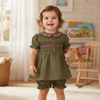 Olive Green Cotton Smocked Co-ord Set for Baby Girls