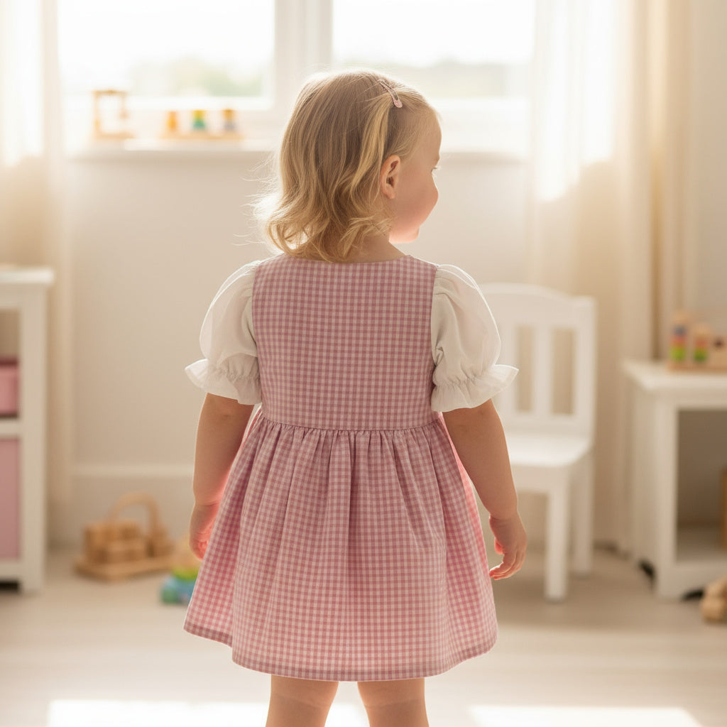 Pink Gingham Embroidered Cotton Frock