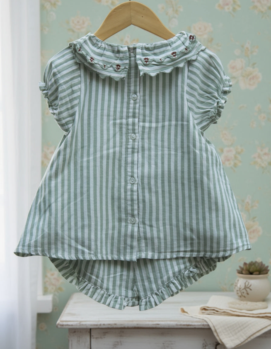 ​Green Striped Cotton Top & Bloomer Set