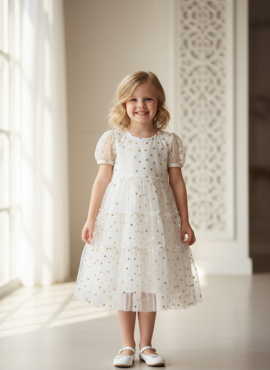 ​White & Gold Layered Net Party Frock