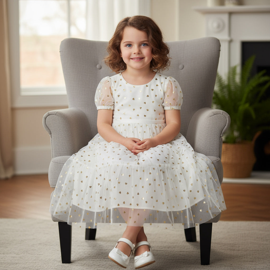 ​White & Gold Layered Net Party Frock