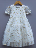 ​White & Gold Layered Net Party Frock