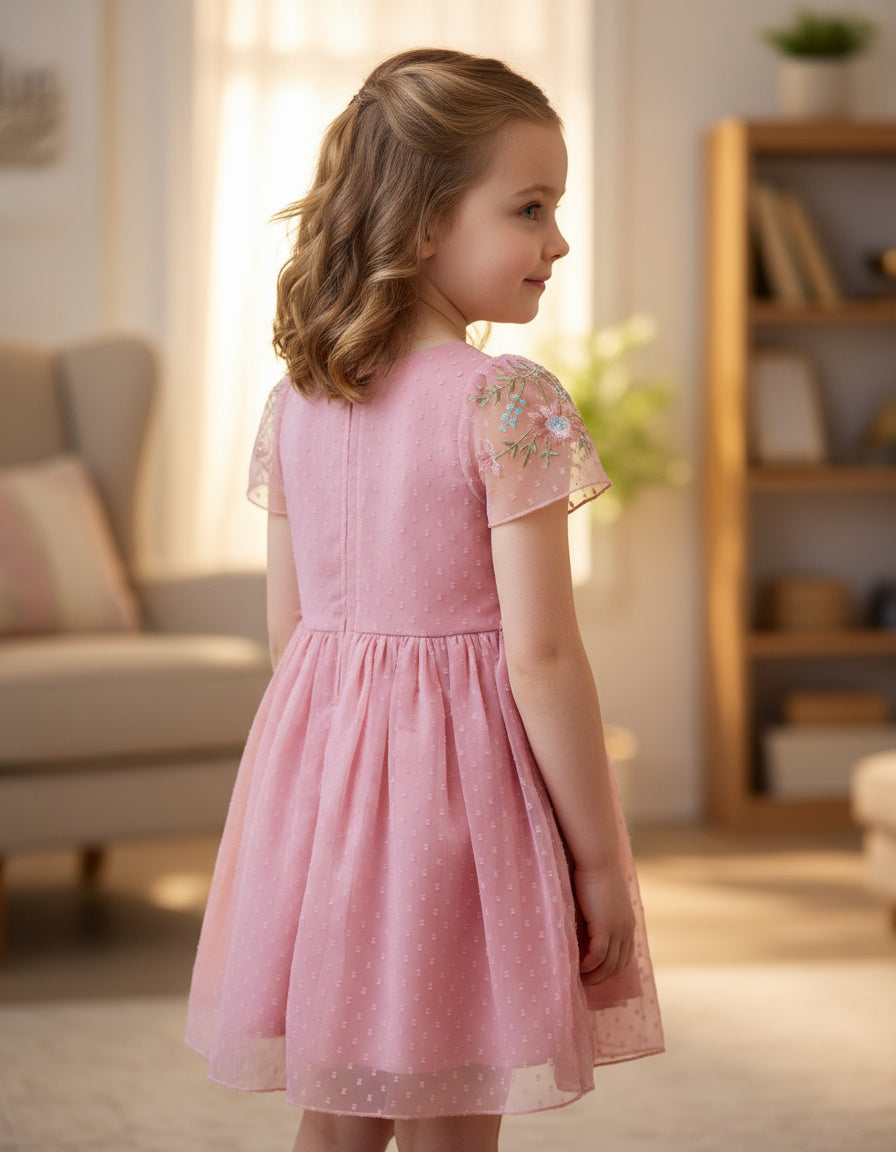​Peach Embroidered Net Party Frock for Baby Girls