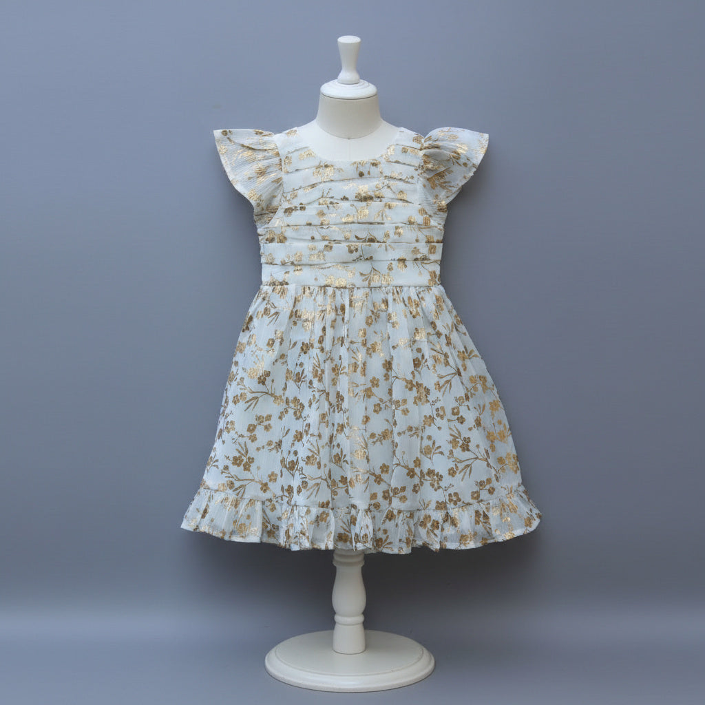 ​White and Golden Floral Print Party Frock