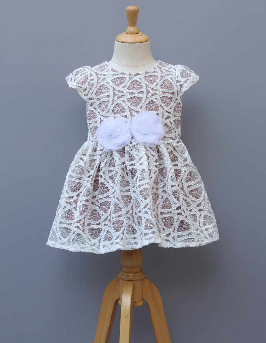 White Lace Party Dress with Floral Waist Detail