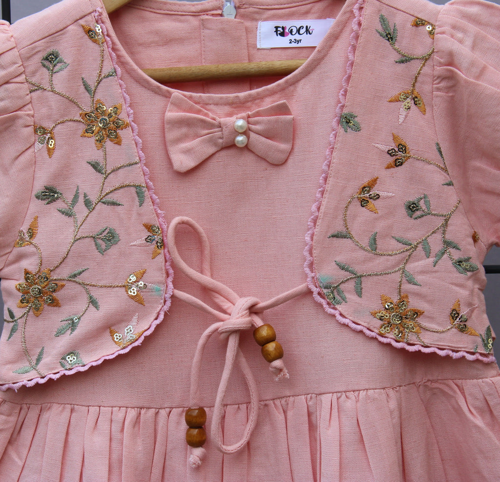 Pure linen Cotton Frock with attached Embroidered Jacket