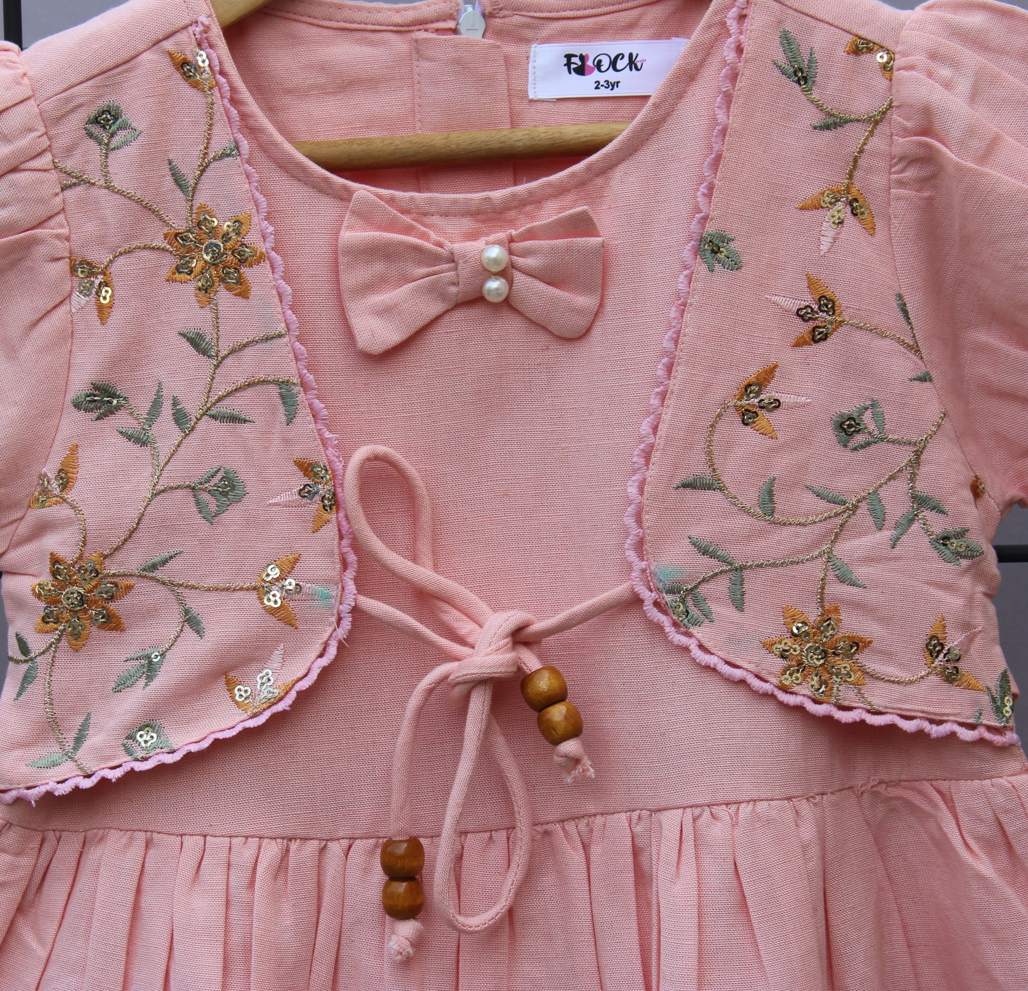 Pure linen Cotton Frock with attached Embroidered Jacket