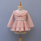 Peach Eyelet Embroidered Cotton Frock with Pearl Waist Belt
