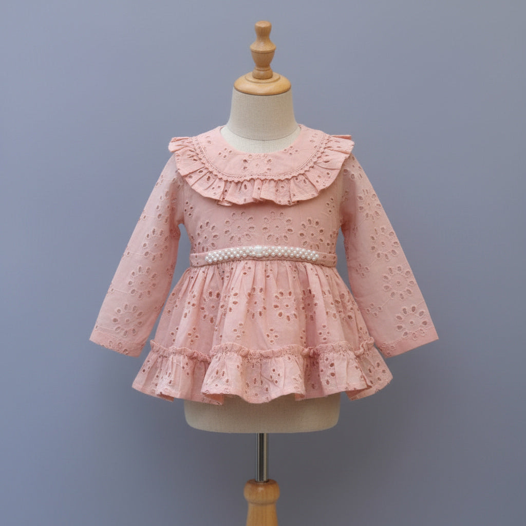 Peach Eyelet Embroidered Cotton Frock with Pearl Waist Belt
