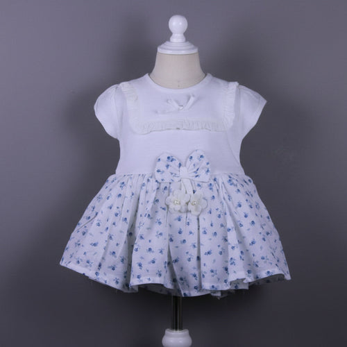 Baby girls white floral cotton frock with bow - front view