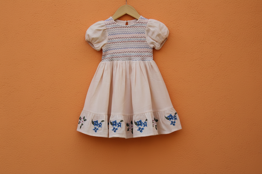Cream Embroidered Cotton Frock