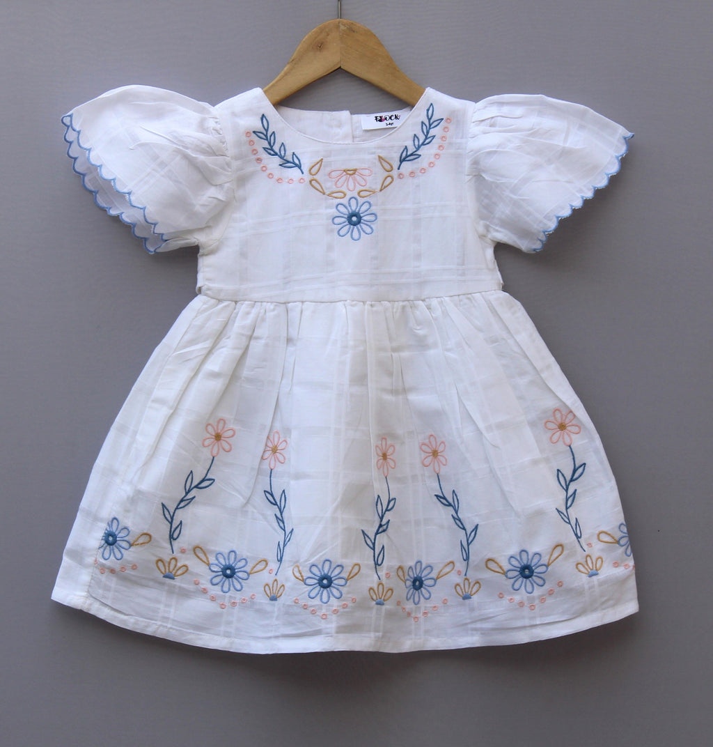 Pure Cotton Baby Girl White Embroidered Frock
