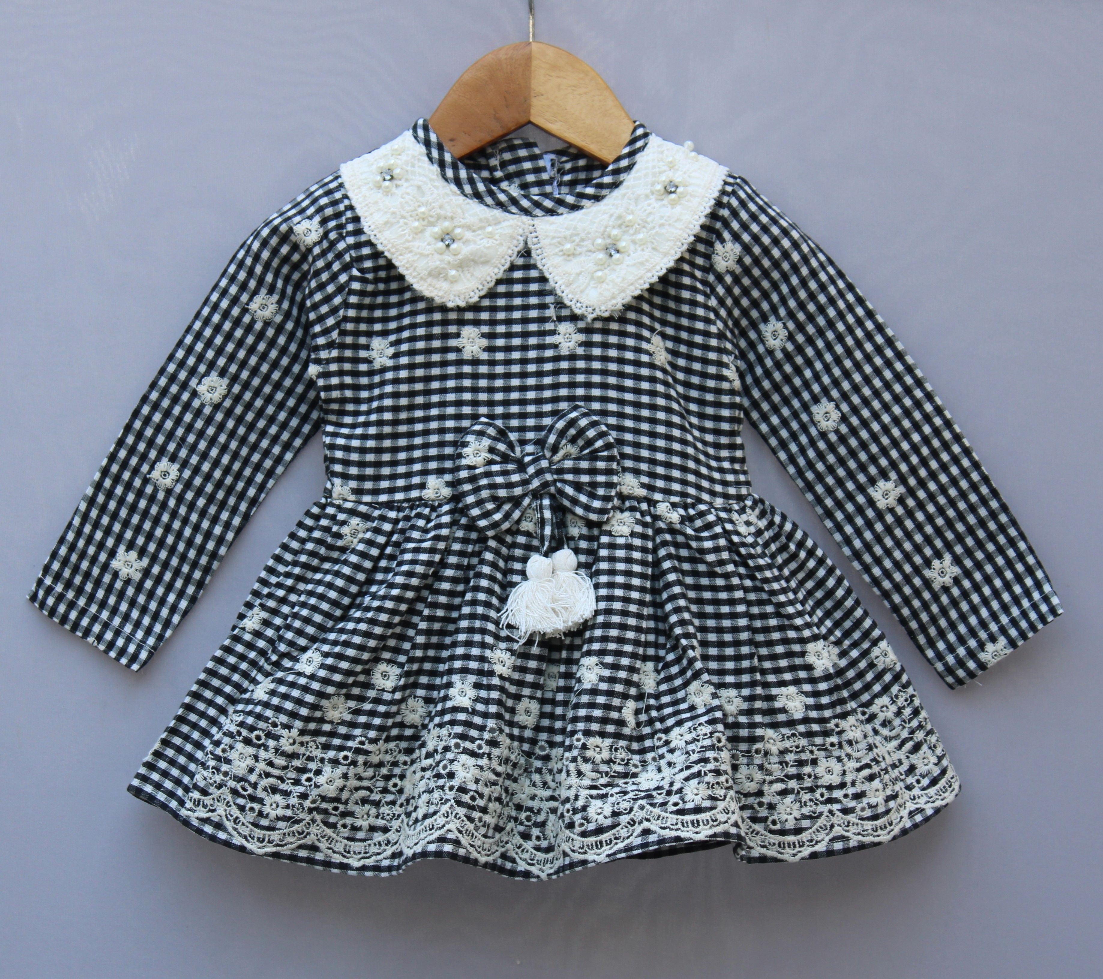 Long Sleeve Party Wear Frock with Lace Collar & Bow