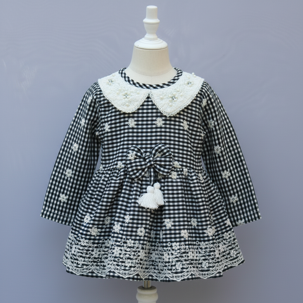 Long Sleeve Party Wear Frock with Lace Collar & Bow