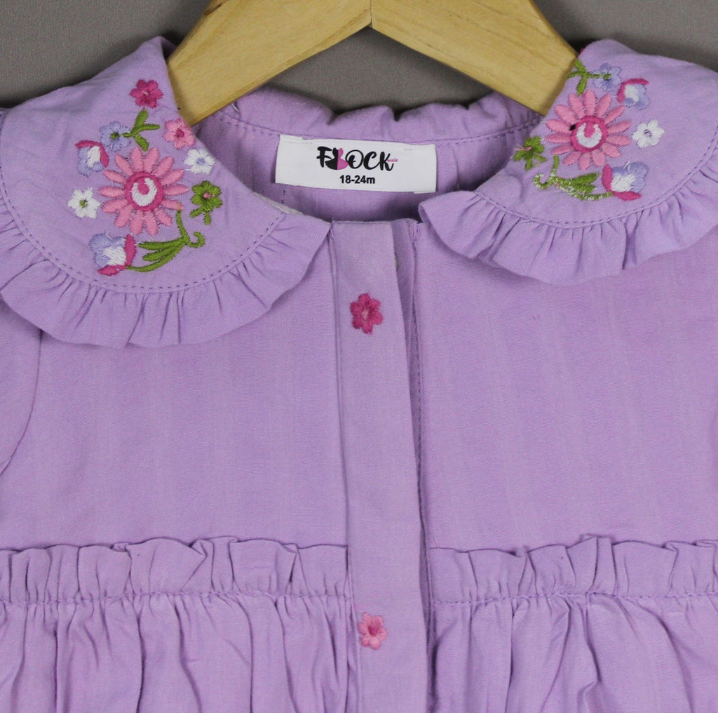 Lavender Frock | Embroidered Collar Dress with Puff Sleeves