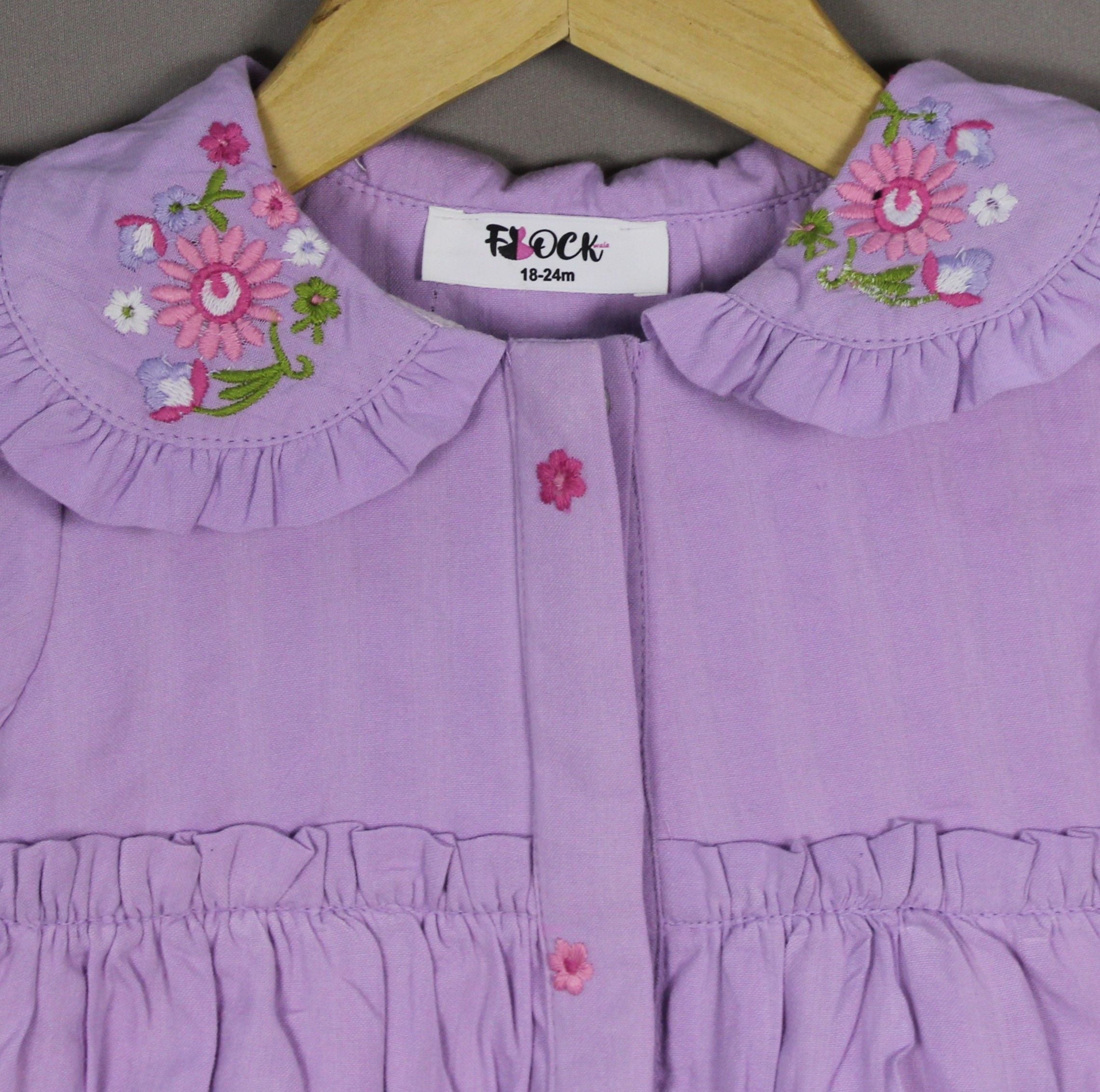 Lavender Frock | Embroidered Collar Dress with Puff Sleeves