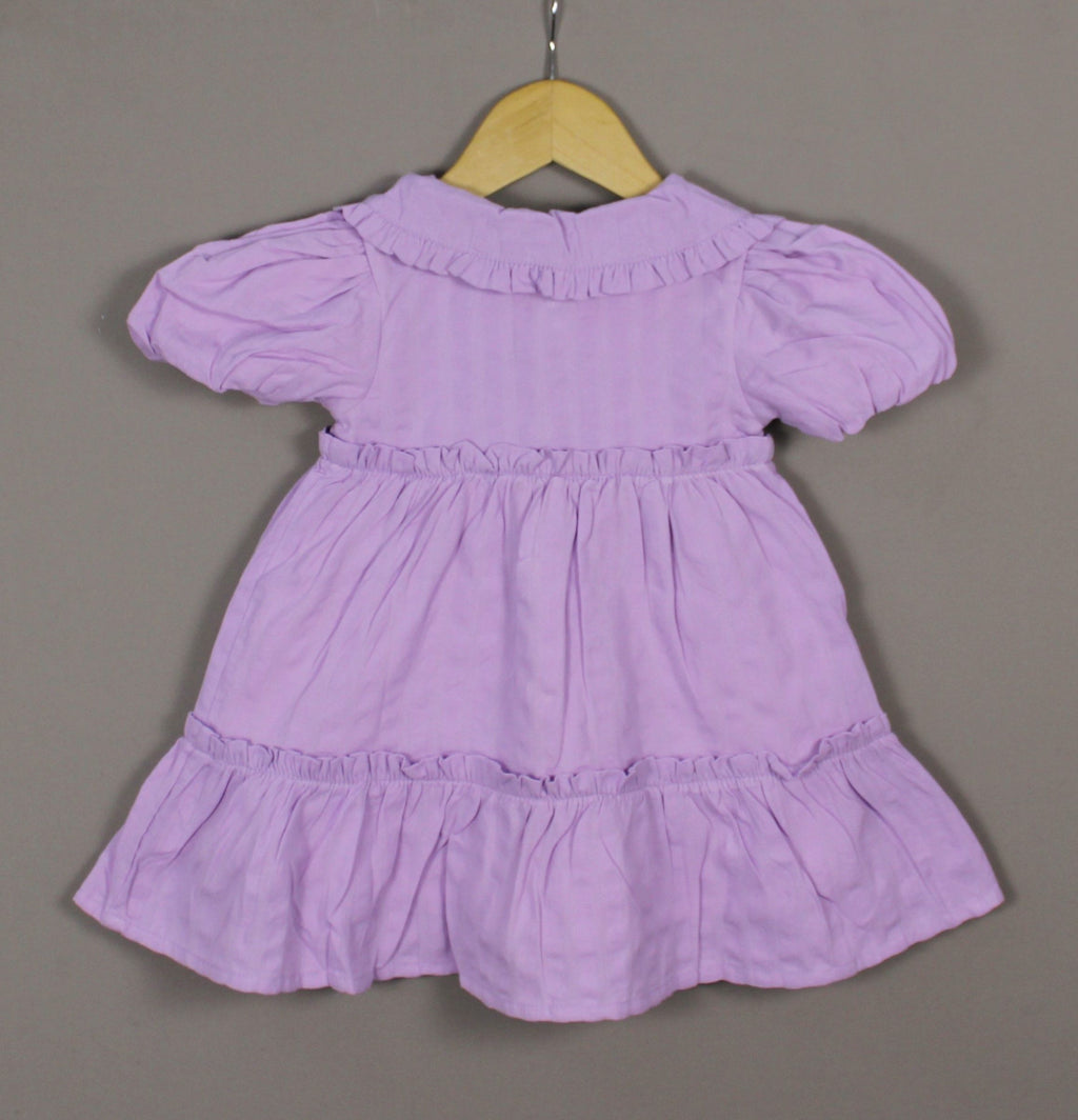 Lavender Frock | Embroidered Collar Dress with Puff Sleeves