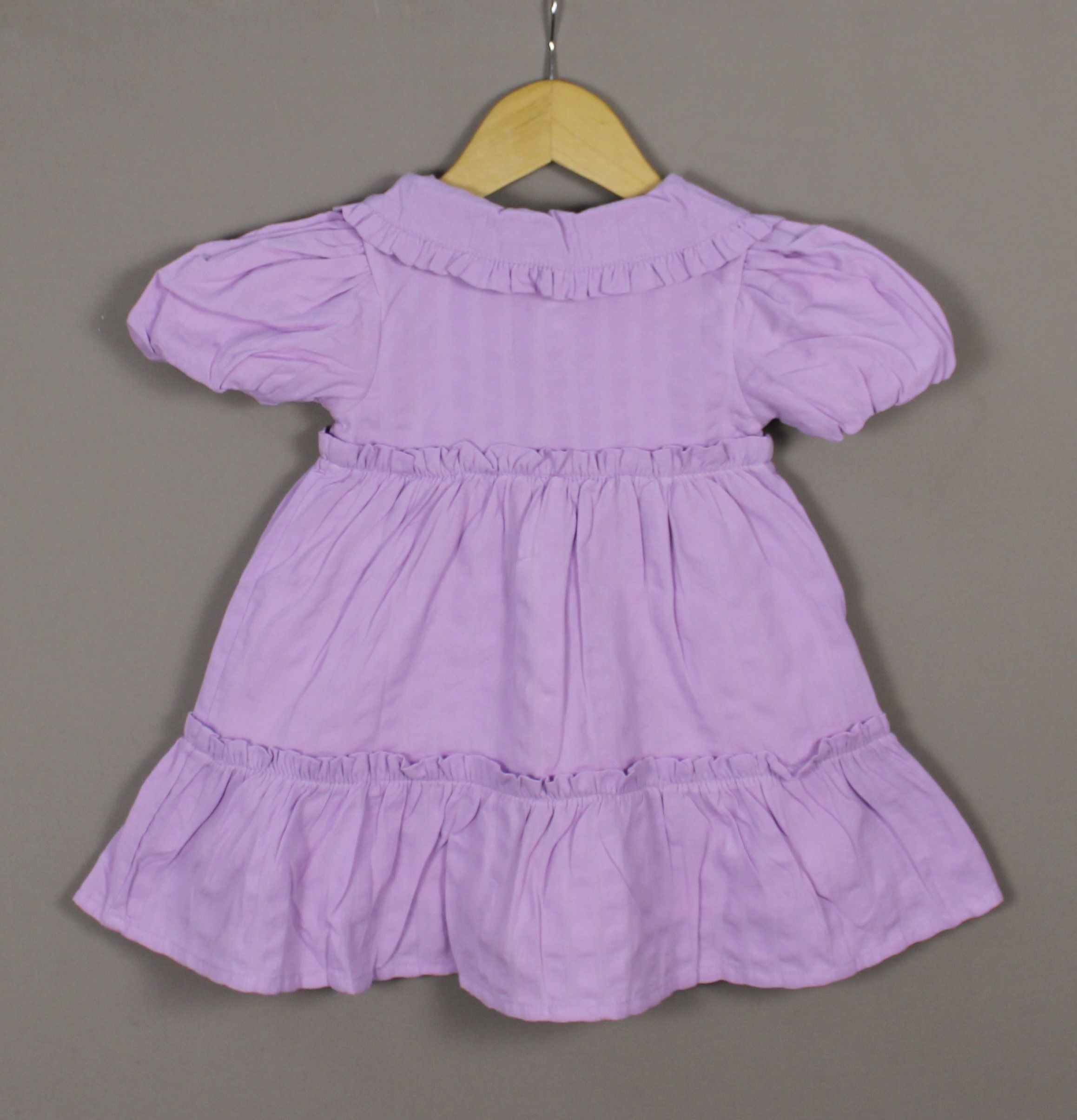 Lavender Frock | Embroidered Collar Dress with Puff Sleeves