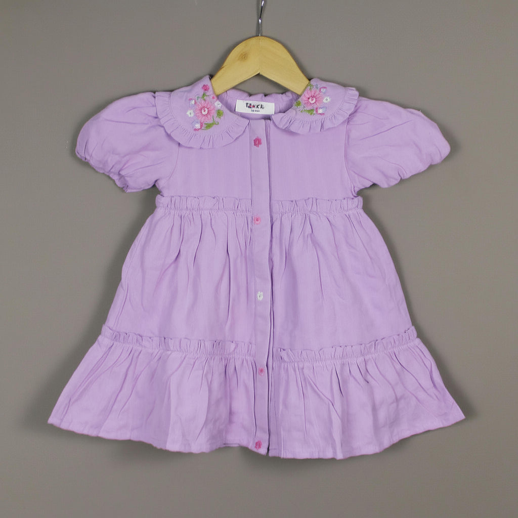 Lavender Frock | Embroidered Collar Dress with Puff Sleeves
