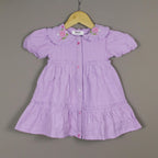 Lavender Frock | Embroidered Collar Dress with Puff Sleeves