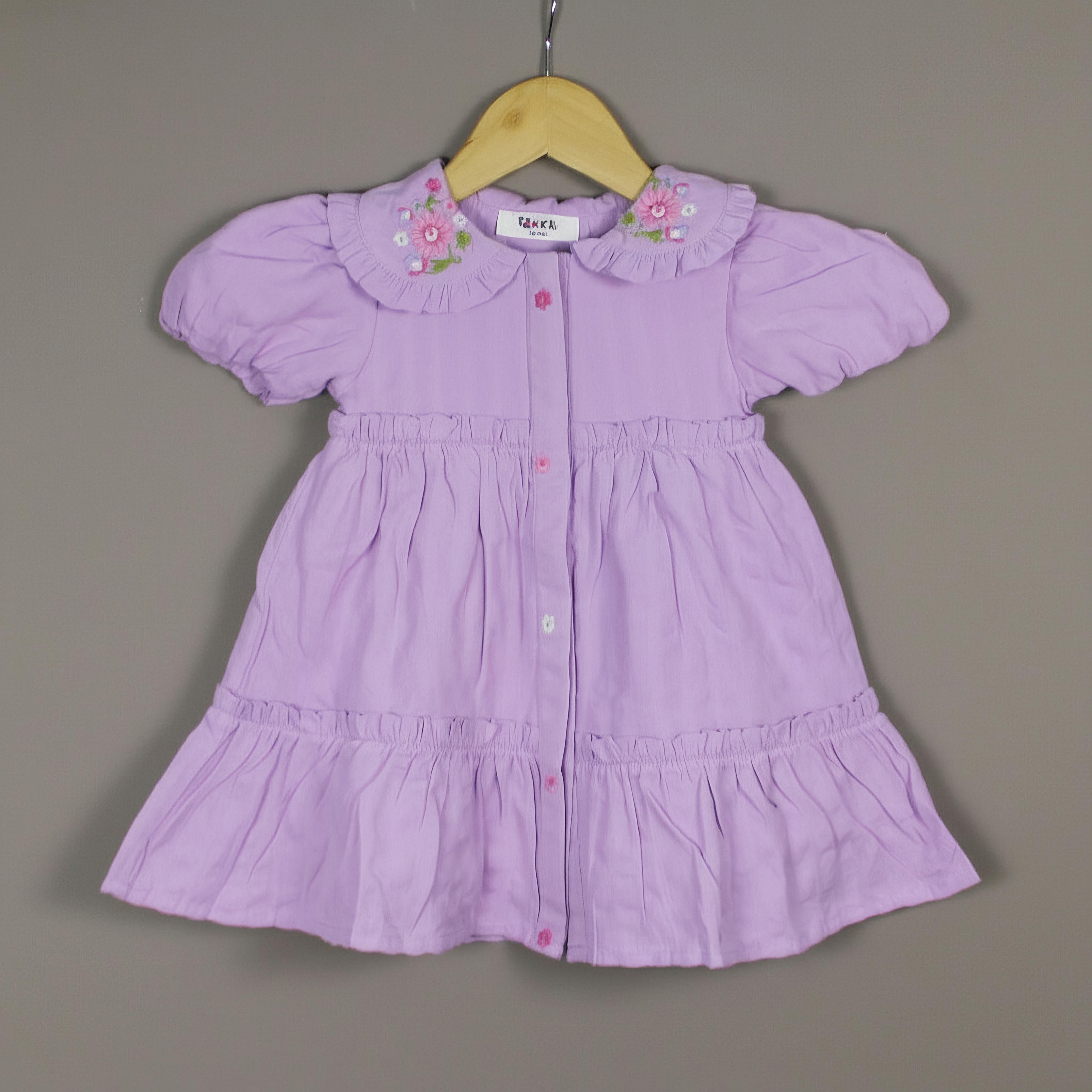 Lavender Frock | Embroidered Collar Dress with Puff Sleeves