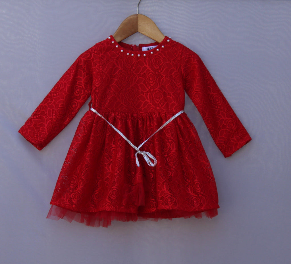 Red Long-Sleeve Lace Party Dress with Comfort Lining