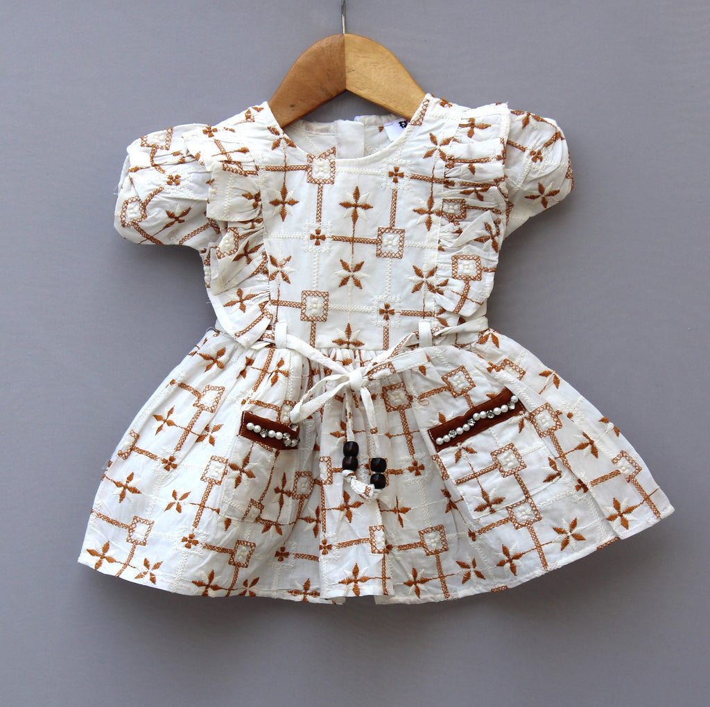 Embroidered Cotton Frock with Belt & Pocket Detailing